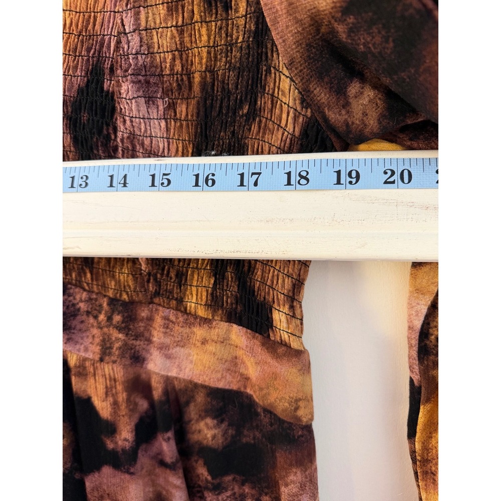 Torrid Brown Orange Tie Dye Smocked Babydoll Top Long Sleeve V-Neck Size 1 Plus - Picture 5 of 8
